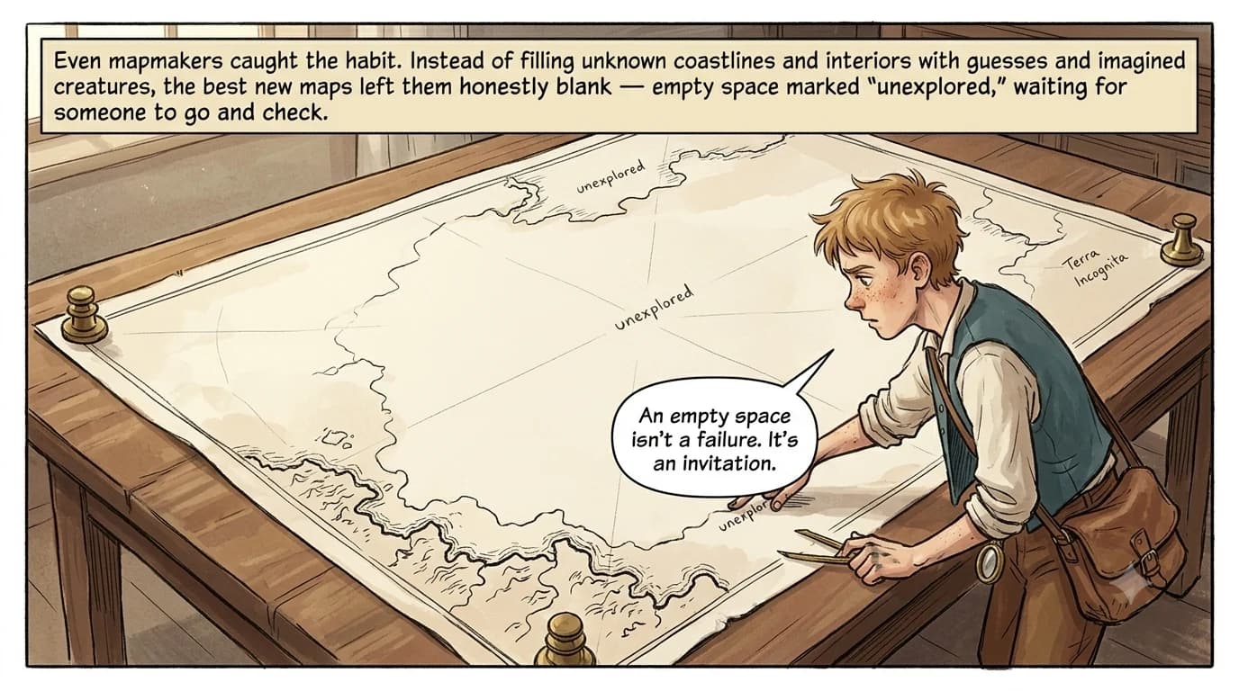 A young apprentice leans over a large hand-drawn map on a table, tracing a deliberately blank, unexplored region with his finger.