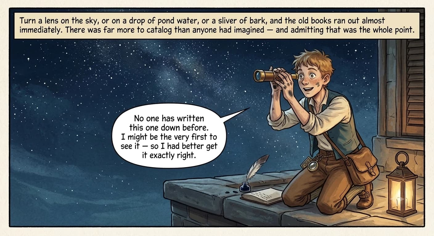 A young apprentice on a rooftop at night peers through a small brass spyglass at the star-filled sky, notebook balanced beside him.