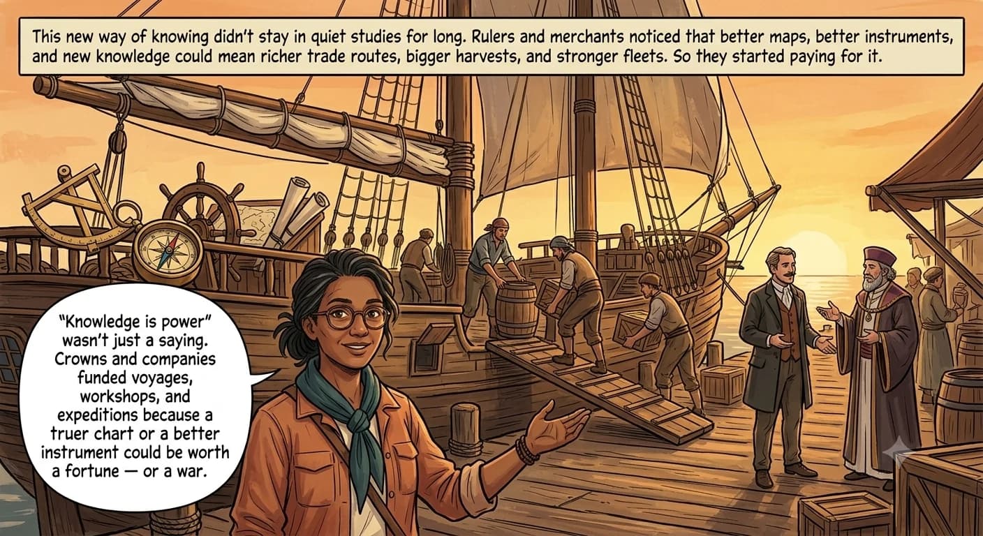 A busy harbor scene with a ship being loaded and fitted with navigation instruments, a merchant and an official gesturing toward it, while a guide figure addresses the viewer from the dock.