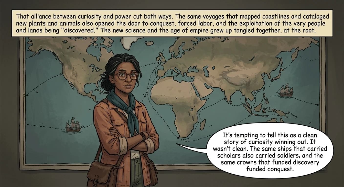 A guide figure stands with arms crossed before a large wall map showing voyage routes stretching from Europe toward distant coastlines, her expression thoughtful and somber.