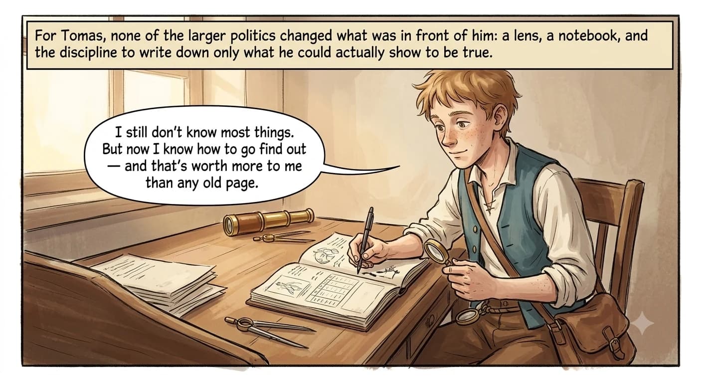 A young apprentice sits at his desk in morning light, writing steadily in a well-used notebook filled with sketches and tables, his brass spyglass and dividers resting nearby.