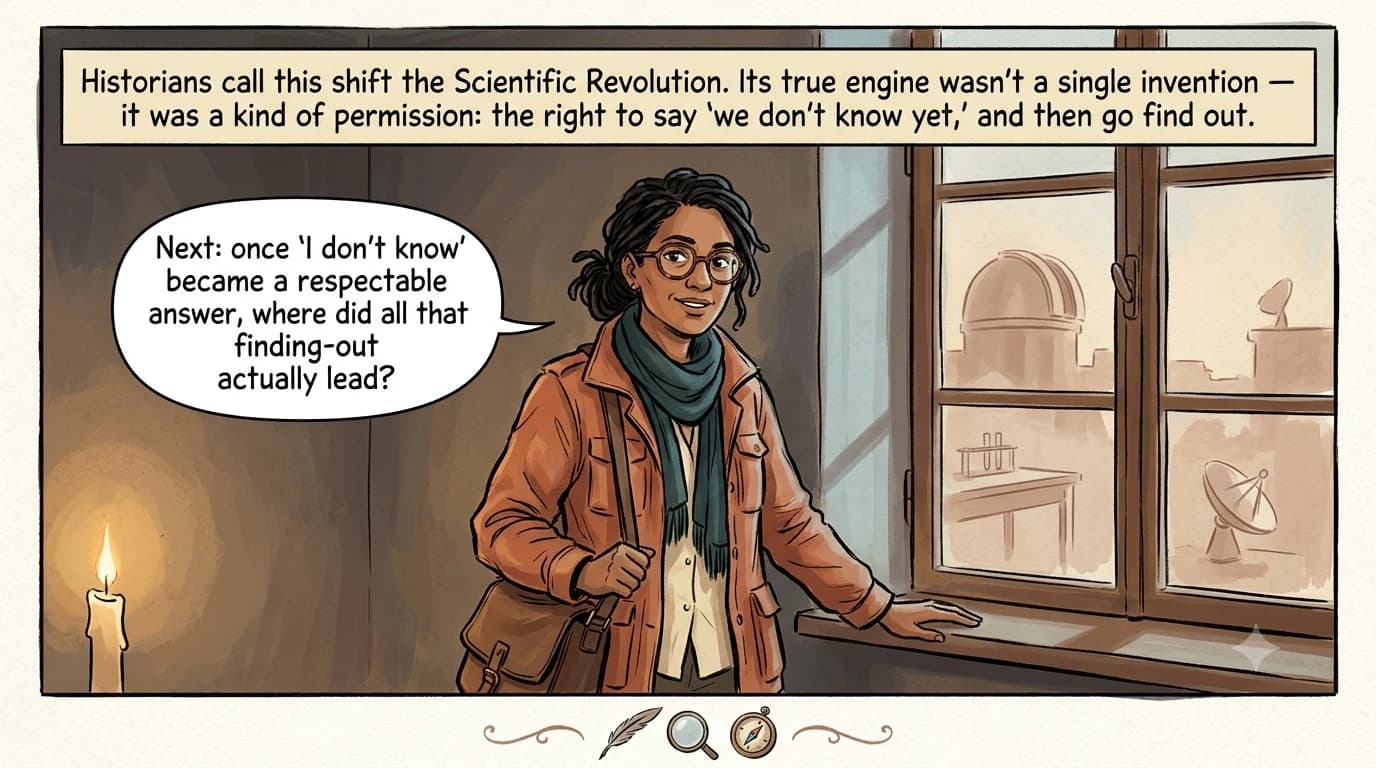 A guide figure stands in a candlelit study beside a window showing faint modern silhouettes of scientific instruments, with small decorative icons of a quill, a lens, and a compass along the panel's edge.