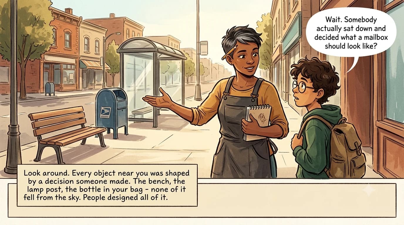 A designer and a curious kid stand on a morning sidewalk while the designer gestures at everyday street objects around them.
