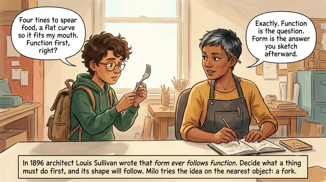 A designer sketches diagrams in a notebook while a boy examines a dinner fork, testing how its shape fits its purpose.