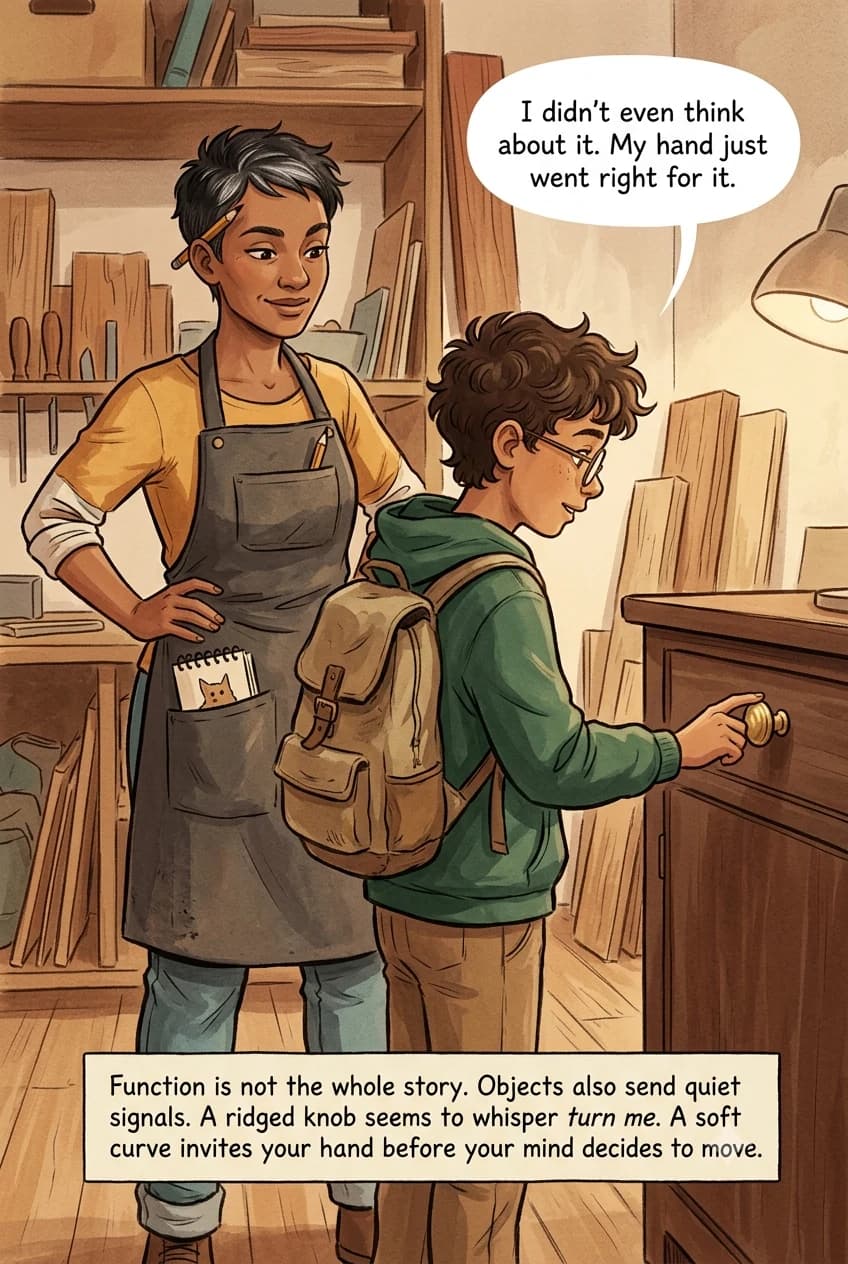 A boy reaches instinctively for a ridged wooden knob on a cabinet while a designer watches with a knowing smile.