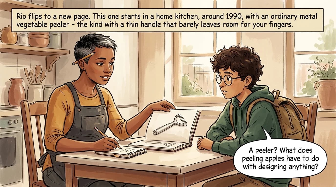A designer opens her sketchbook to a drawing of an old metal peeler and shows it to a curious boy across a small kitchen table.