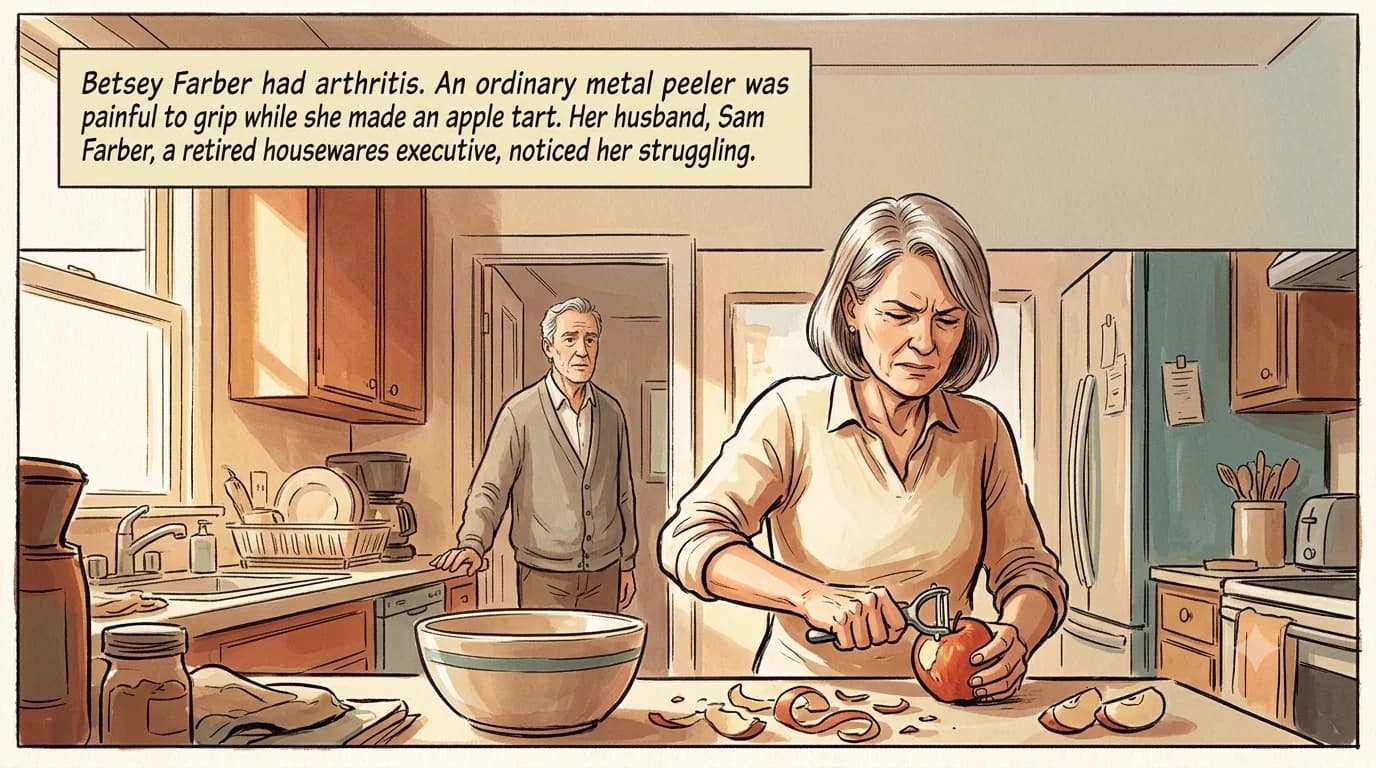 A woman with arthritis winces while struggling to grip an ordinary metal peeler at a kitchen counter as her husband notices her difficulty.