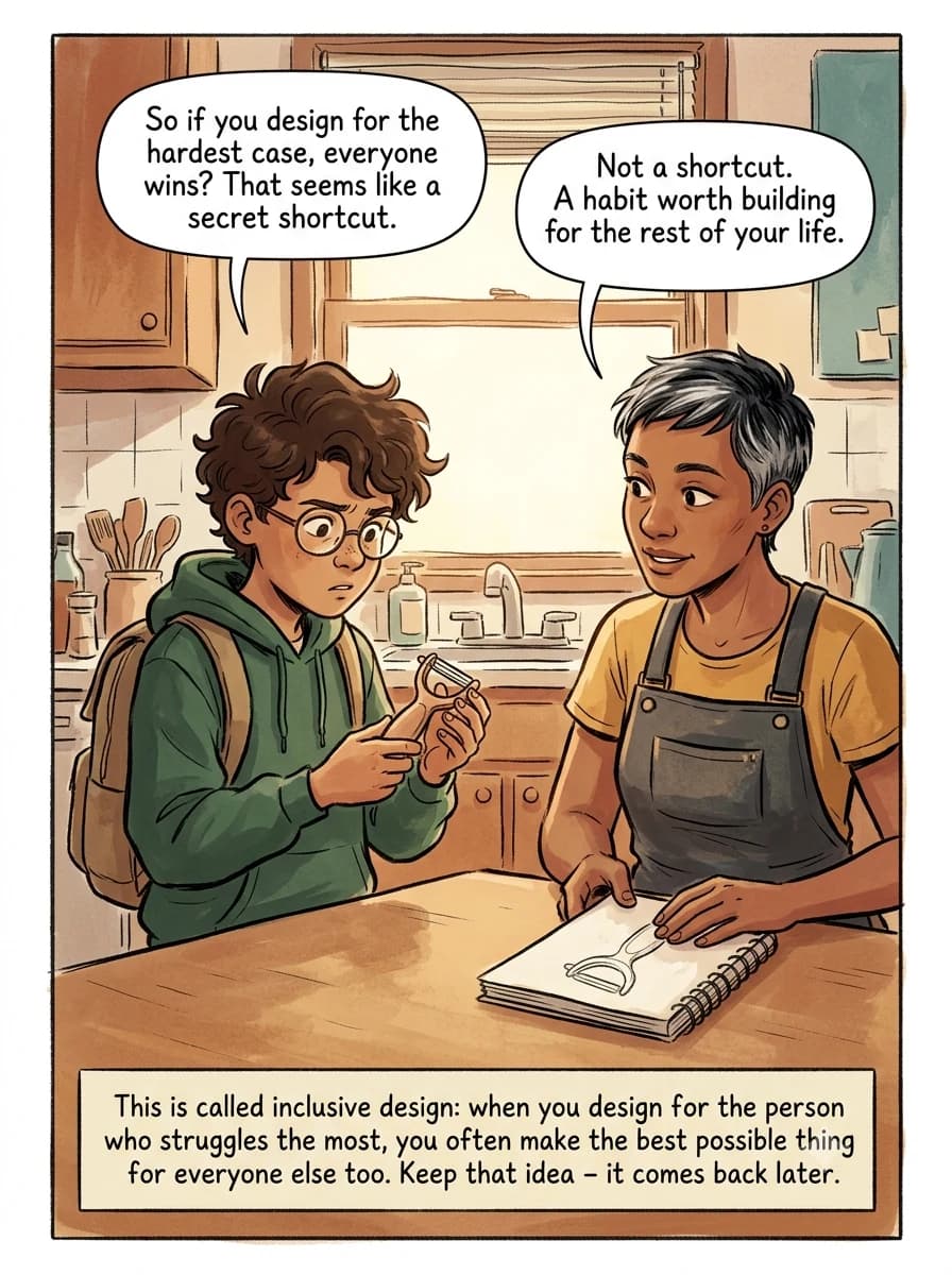 A designer closes her sketchbook while a boy turns a soft-handled peeler over in his hands, thinking about what he just learned.