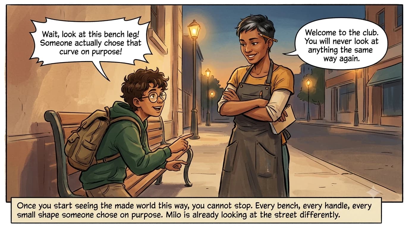 A boy crouches to examine a park bench while a designer smiles beside him on an evening street as the streetlights begin to glow.