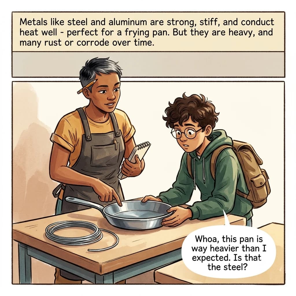 A designer sets a heavy stainless-steel frying pan and a coil of steel wire on a workbench while a kid touches the pan's rim.