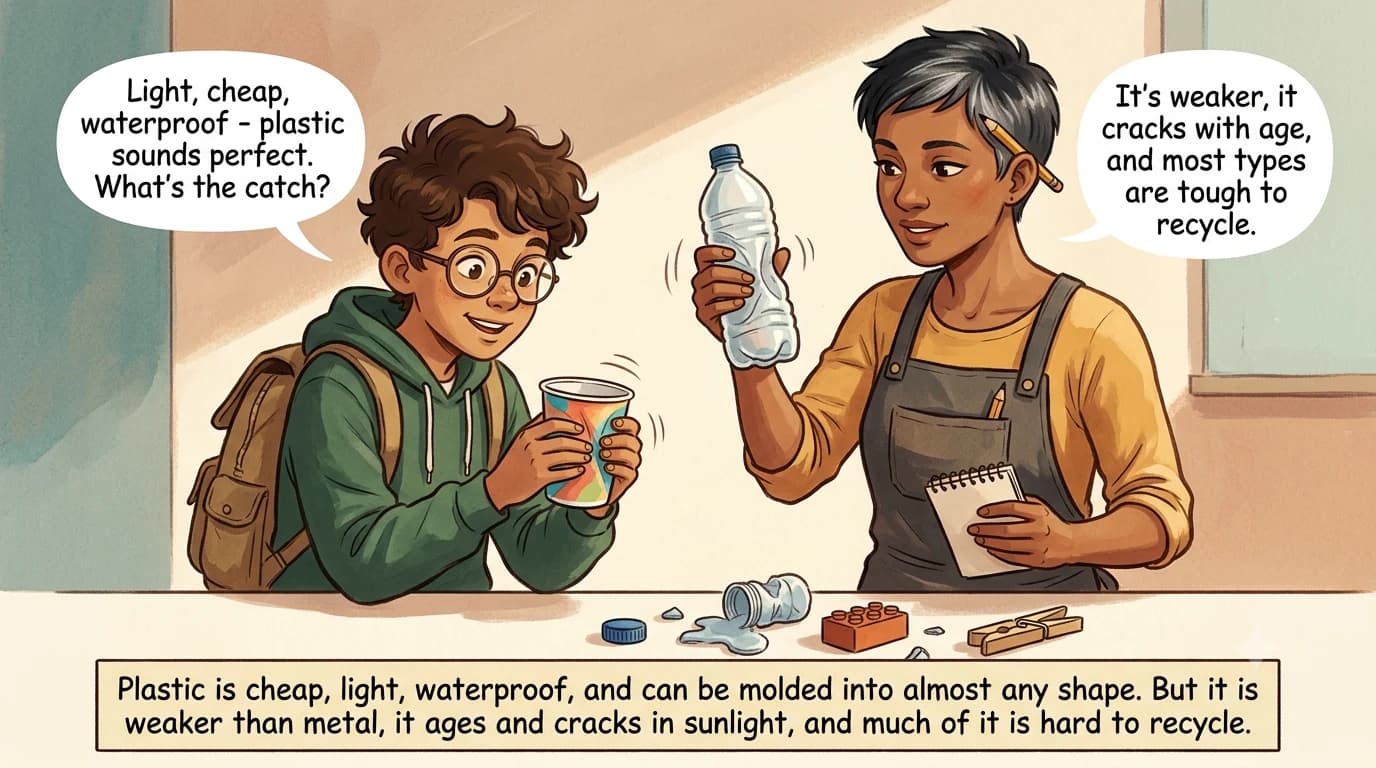 A designer flexes a lightweight plastic bottle while a kid squeezes a plastic cup and watches it spring back into shape.