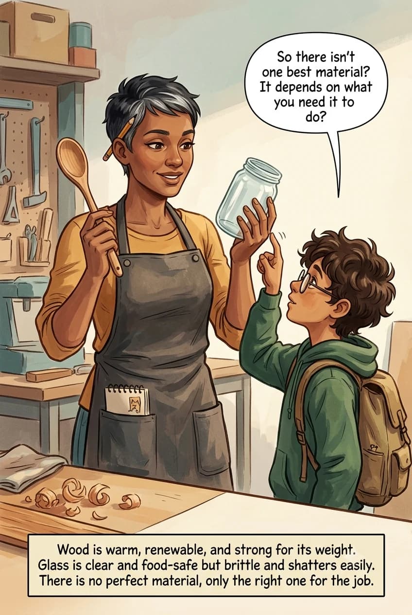 A designer holds up a wooden spoon and a glass jar side by side while a kid taps the jar and listens to it ring.