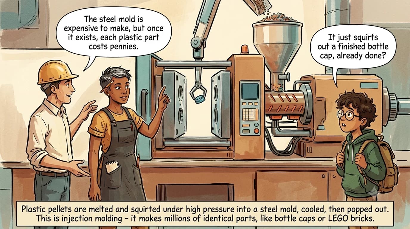 An injection molding machine stands with its steel mold halves open while a robot arm reaches between them to lift out a freshly molded bottle cap.
