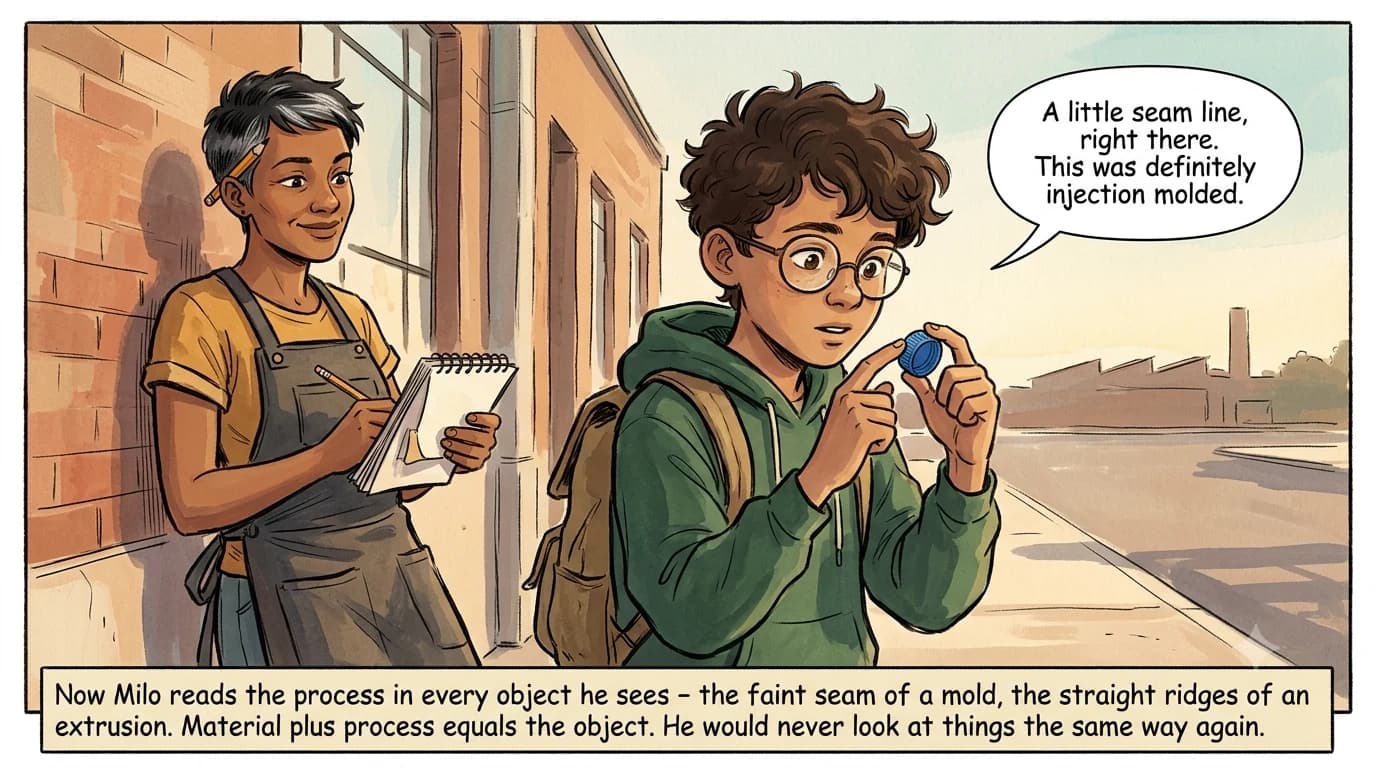 A kid examines a plastic bottle cap and traces its faint seam line while a designer smiles beside him with her sketchbook, warm late-day light around them.