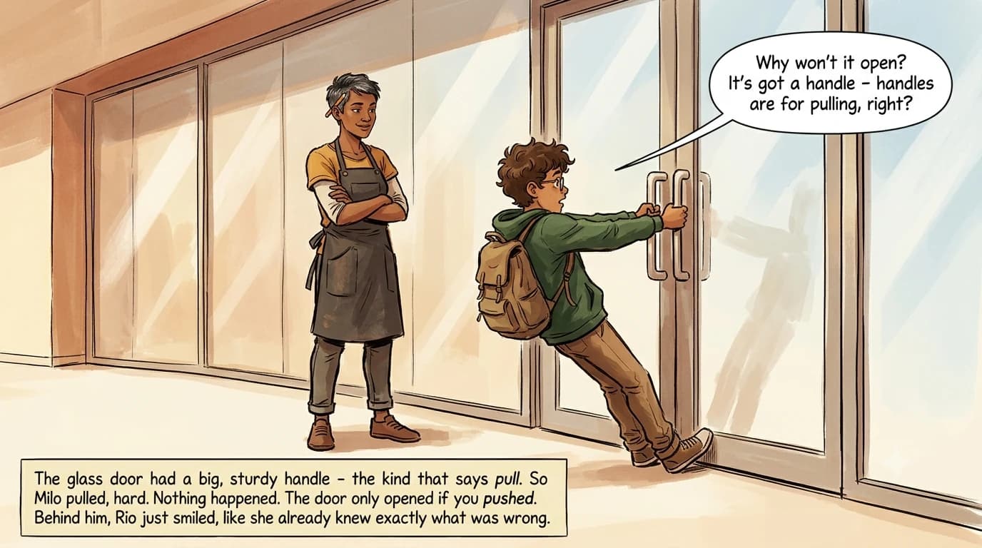 A boy leans away from a glass door, hauling on its large pull handle with all his weight, while a designer watches with a knowing smile.