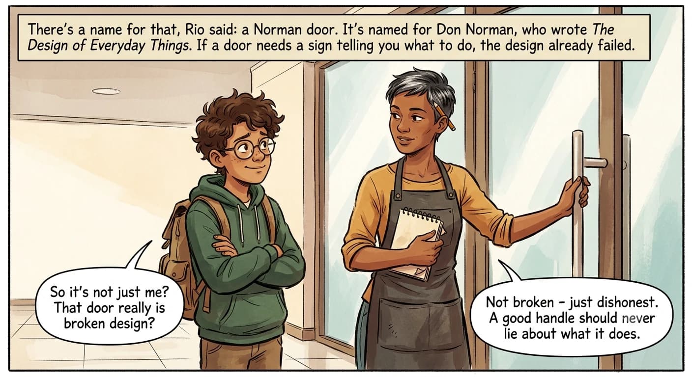A designer taps a door handle while explaining to a curious boy why the door tricked him, both standing near a propped-open glass office door.