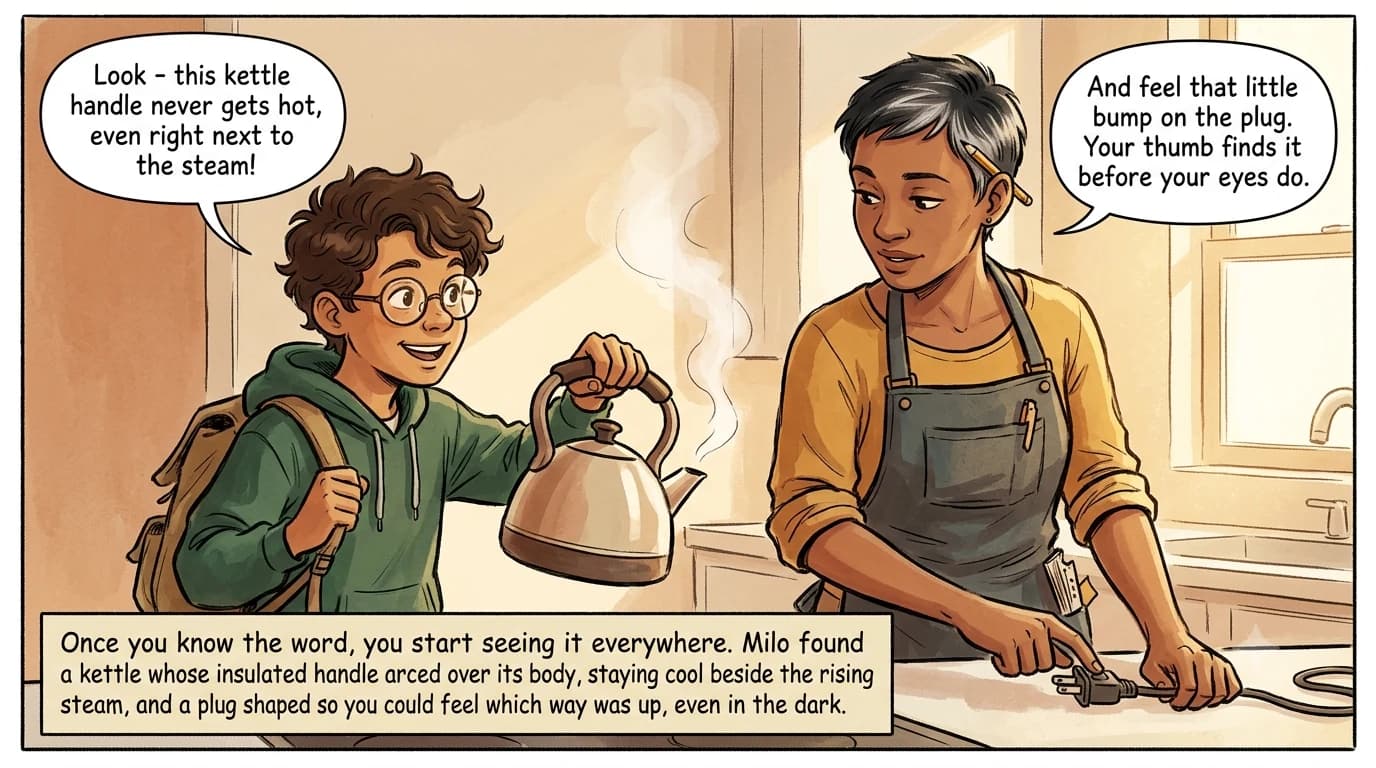 A boy happily lifts a kettle by a cool insulated handle arcing over its body, steam rising from the spout beside it, while a designer points out a raised bump on a nearby electrical plug.