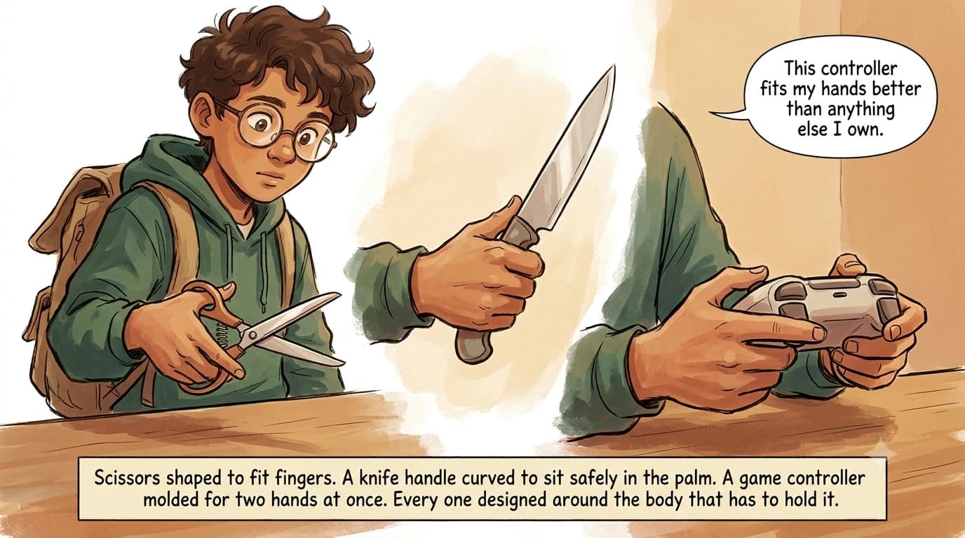 A boy's hands try a pair of ergonomic scissors, a curved-handled knife, and a two-handed game controller in a warm, sequential montage.