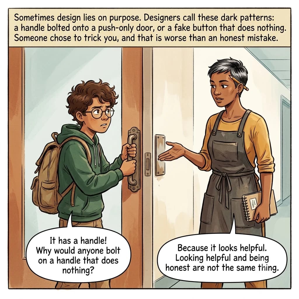 A designer gestures at a small push plate at hand height on the opening edge of a push-only door while a boy tugs in confused frustration on the decorative handle bolted to it.