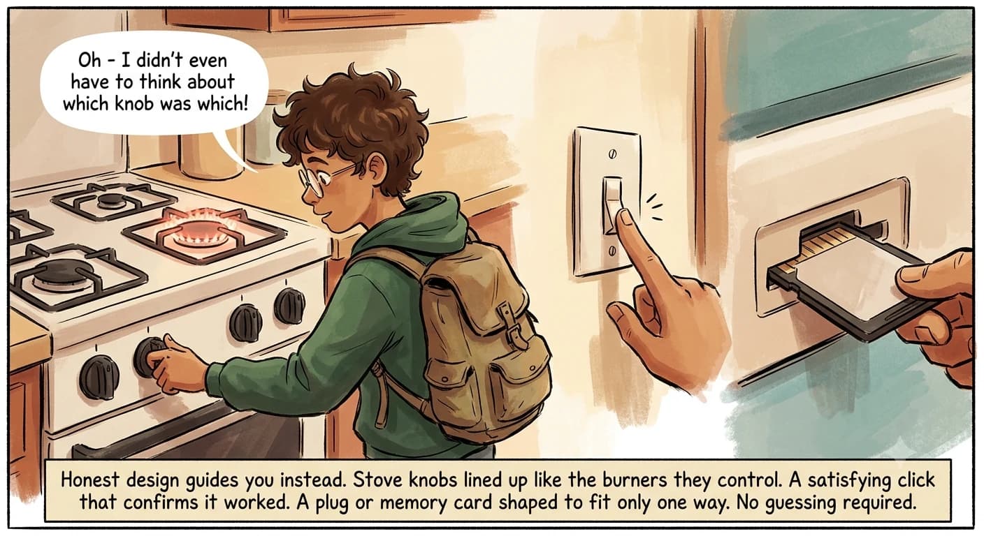 A boy turns one of four stove knobs laid out to match the four burners above them, clicks a light switch, and slides a memory card into a slot that fits only one way.
