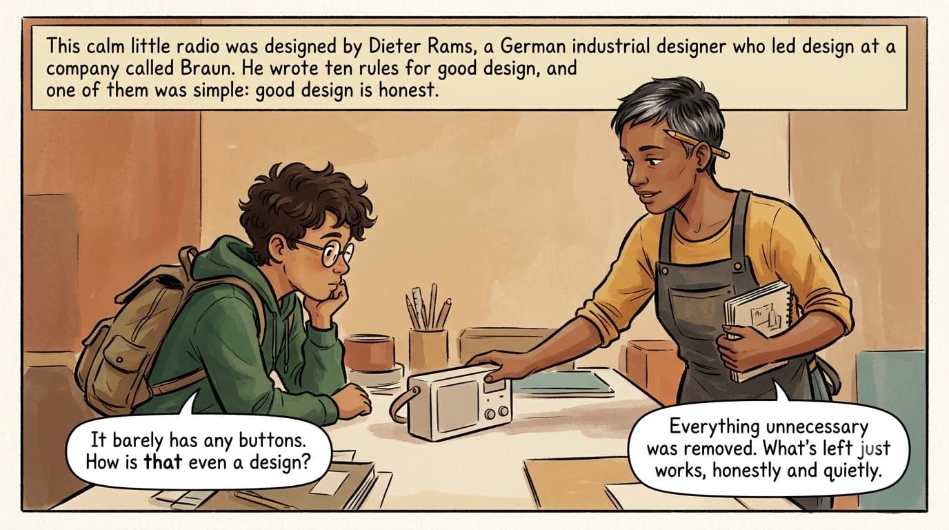 A designer places a plain, minimal boxy radio on a table while a boy leans in, studying how few controls it has.