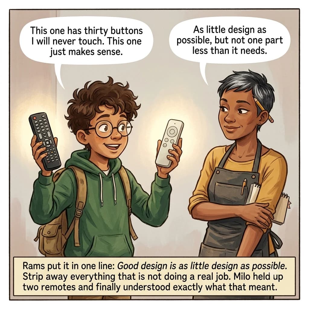 A boy holds a cluttered remote control crowded with buttons in one hand and a clean, simple remote in the other, comparing them.