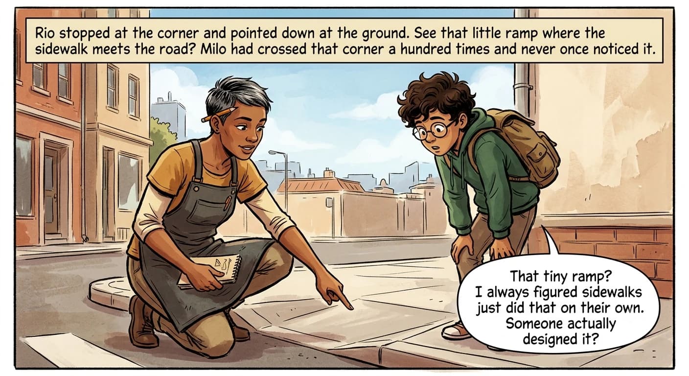 A designer crouches and points at a curb ramp on a sunny city sidewalk while a curious kid looks down at it in surprise.