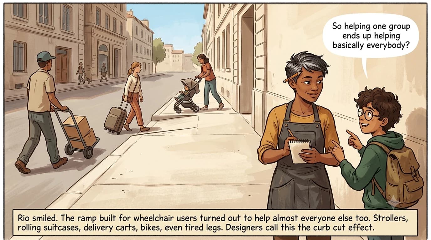 Several different people, a parent with a stroller, a traveler with luggage, and a delivery worker with a cart, use the same curb ramp one after another on a city sidewalk.