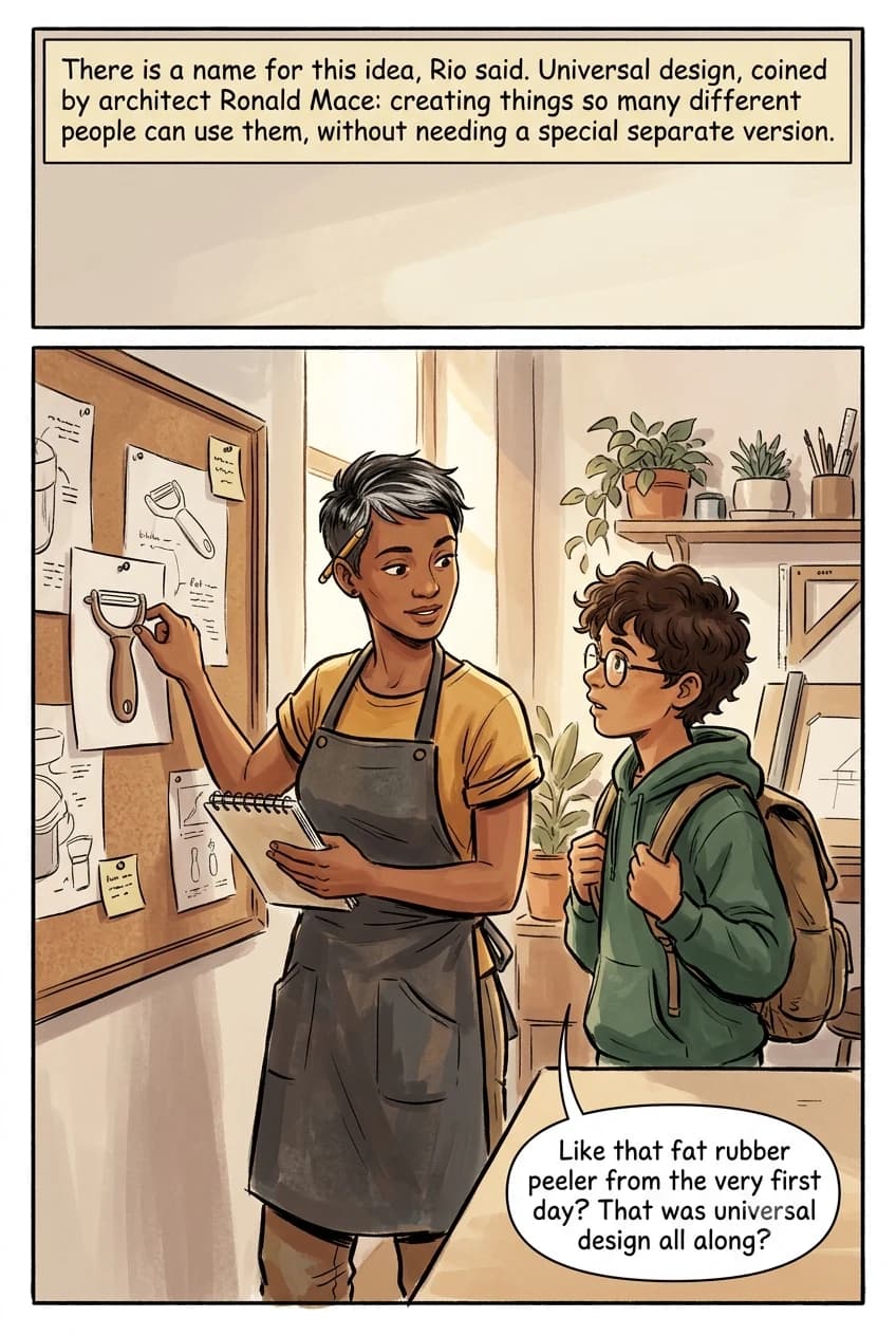 A designer taps a pinned sketch of a fat-handled peeler on a corkboard while a kid looks back and forth, connecting the idea to universal design.