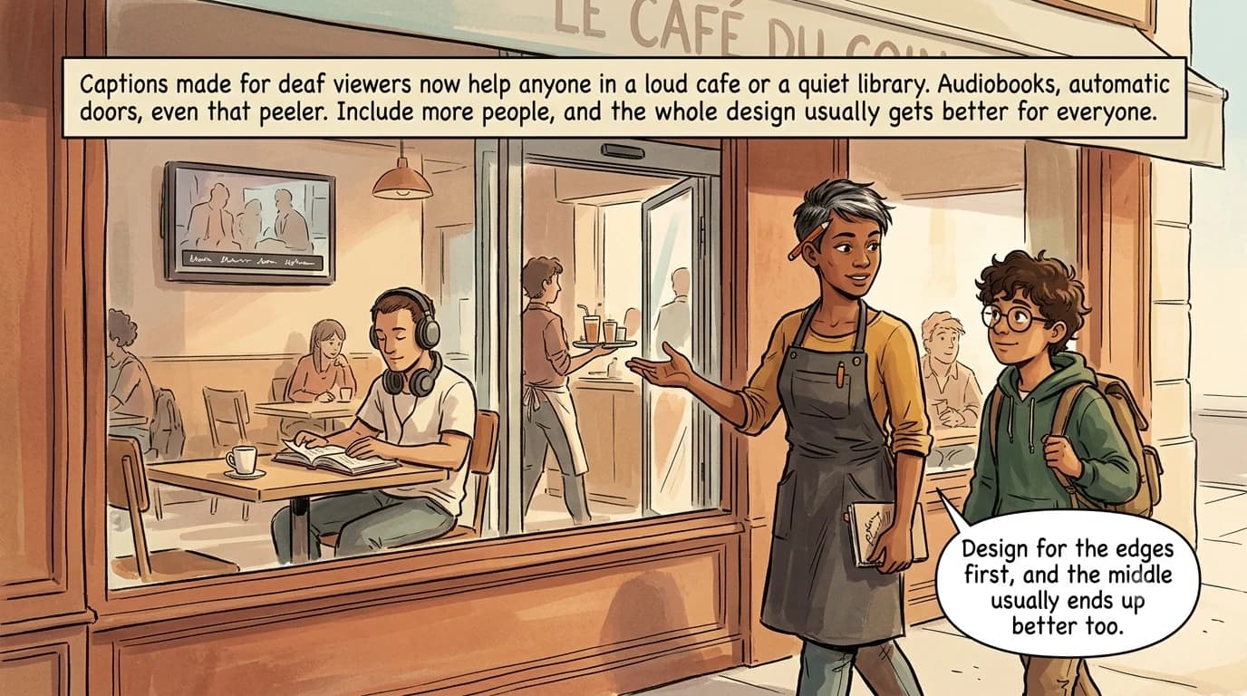 A cafe window shows a captioned television, a customer listening to an audiobook, and an automatic door swinging open, while a designer and a kid walk past.