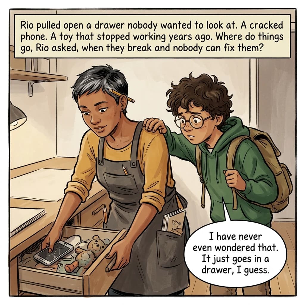 A designer opens a cluttered drawer full of broken gadgets, a cracked phone and an old toy, while a kid peers in with curiosity.