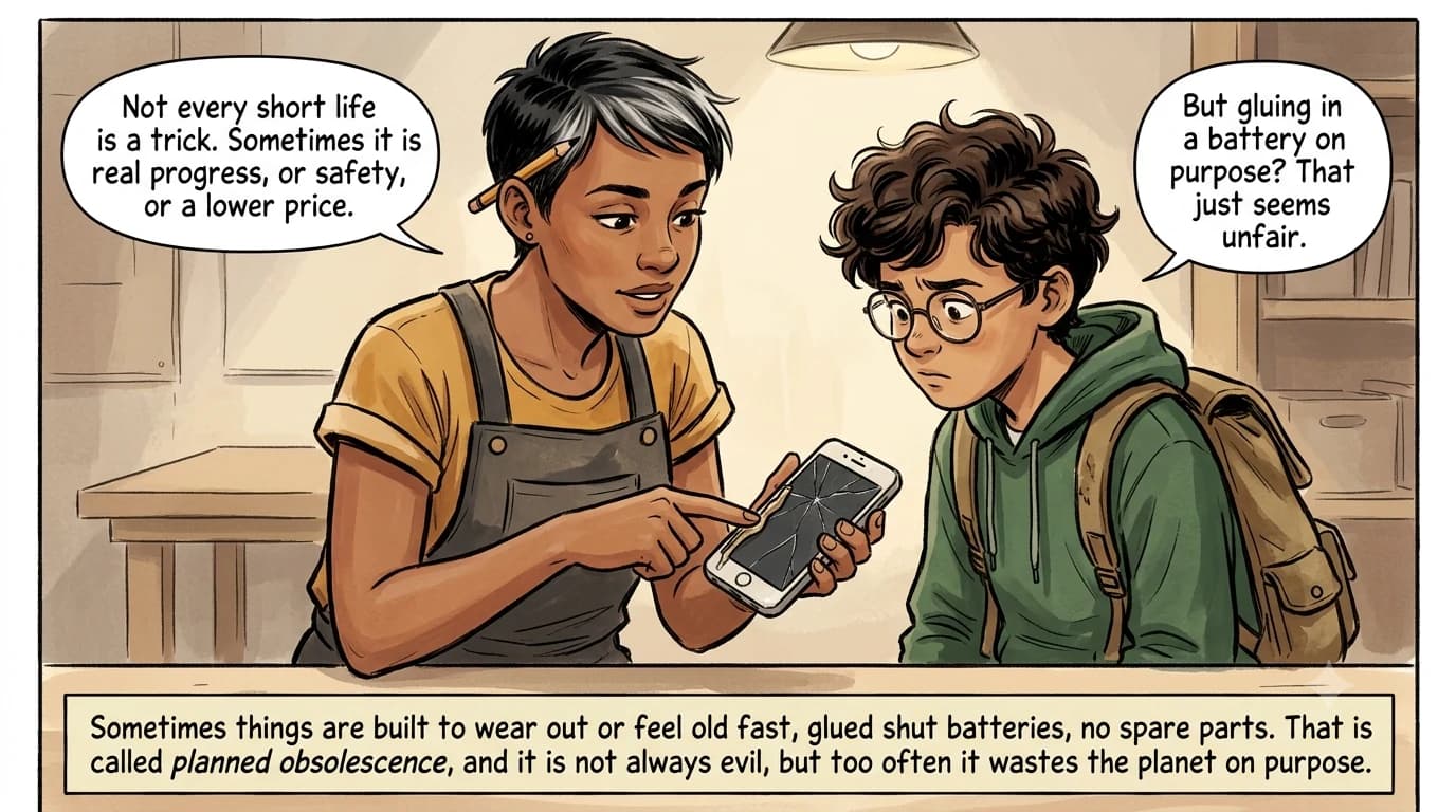A designer holds up a cracked phone pointing to its glued-shut battery while a kid studies it closely, starting to understand planned obsolescence.
