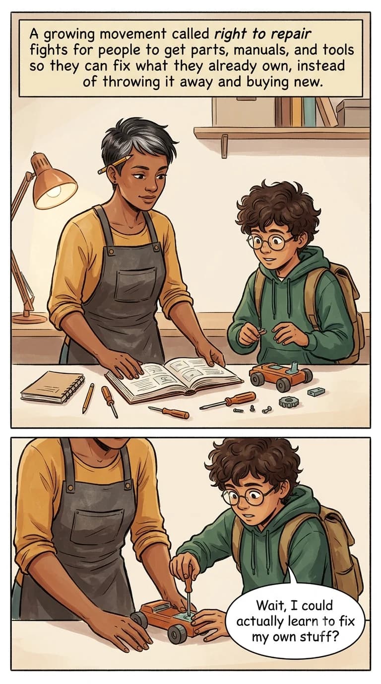 A designer spreads a repair manual, screwdrivers, and spare parts on a workbench while an eager kid picks up a screwdriver to try fixing an old toy.