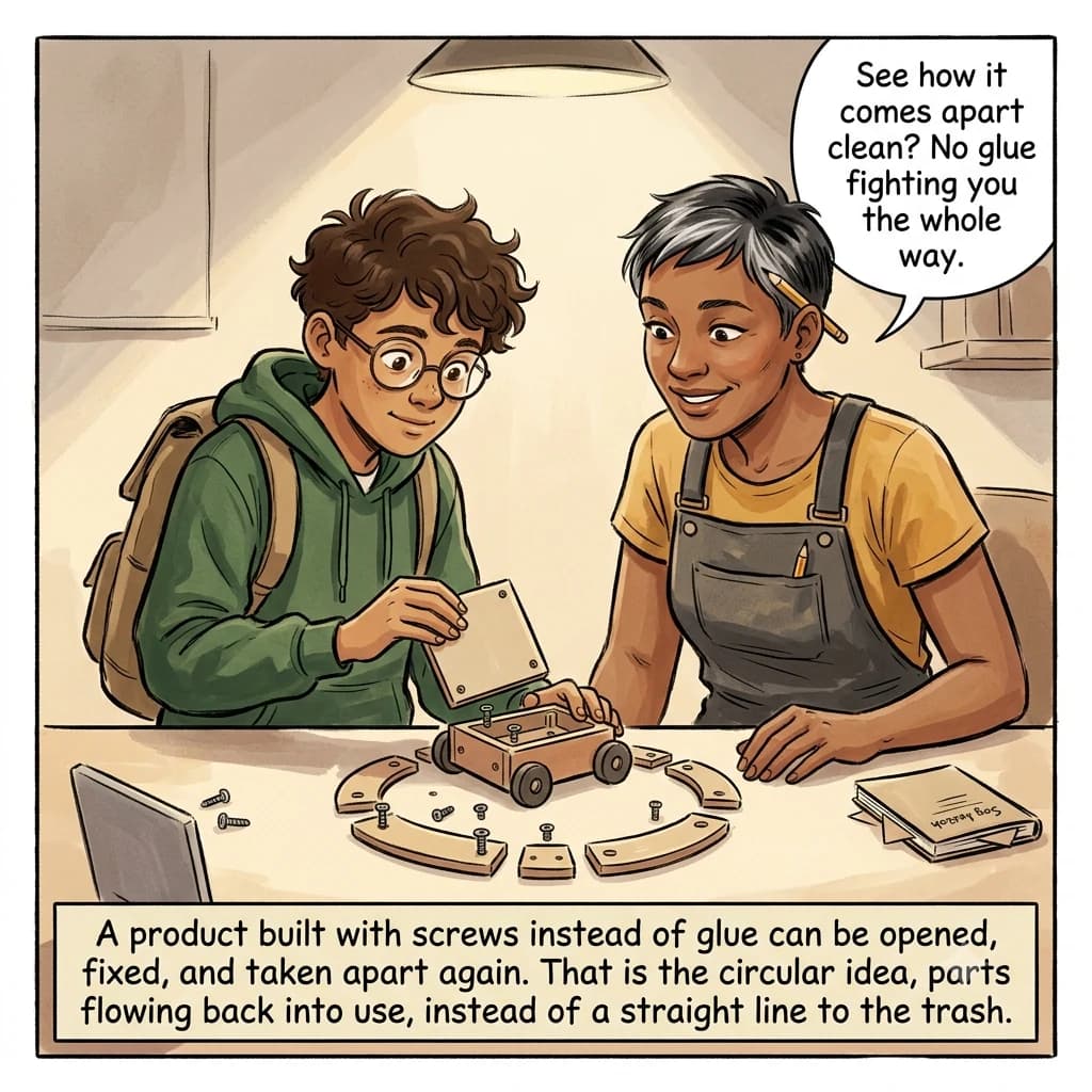 A kid carefully disassembles an old toy on a workbench, its screws letting each part come free cleanly, while a designer watches, pleased.