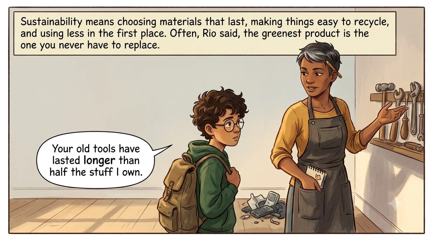 A designer gestures to a shelf of her own worn but working tools beside a small pile of cheap broken plastic gadgets, while a kid compares the two.