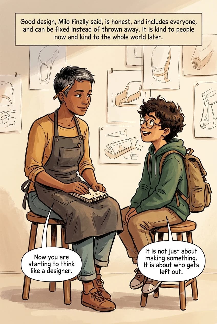 A designer and a kid sit together on stools surrounded by old sketches, the kid grinning with a wide look of understanding.
