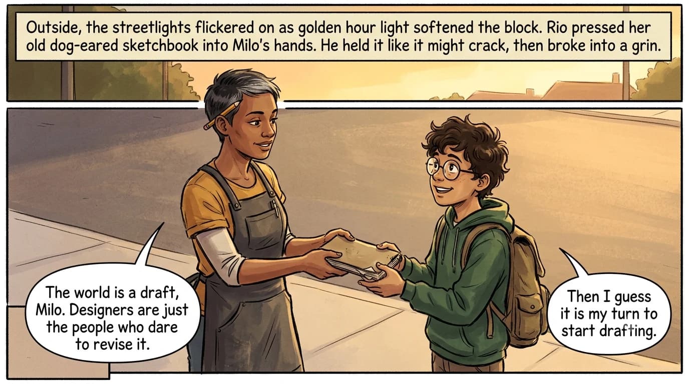 A designer hands her worn, dog-eared sketchbook to a delighted kid at golden hour, both smiling as the moment closes the story.