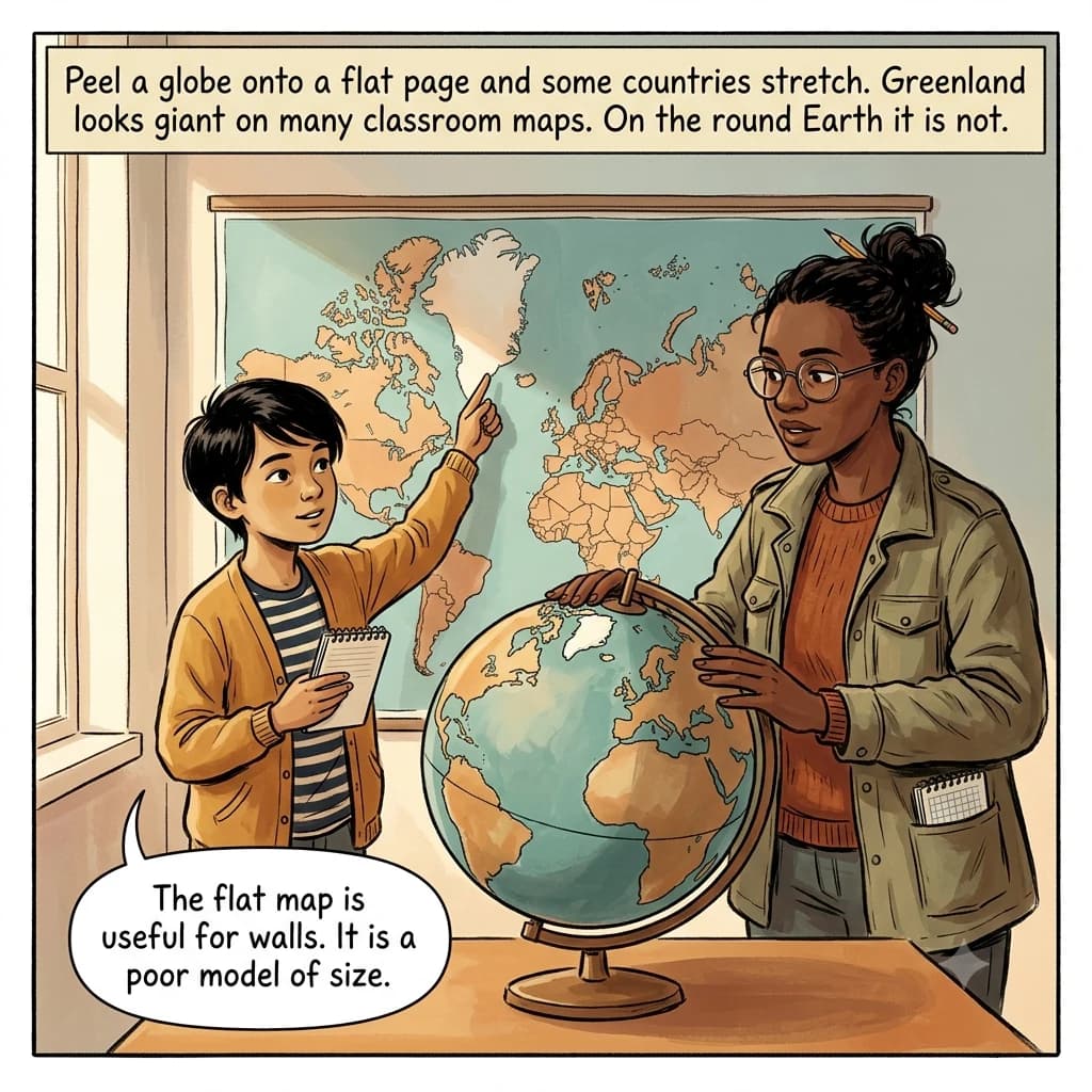 A globe and a flat classroom world map sit side by side so Greenland looks huge on the map and modest on the globe.