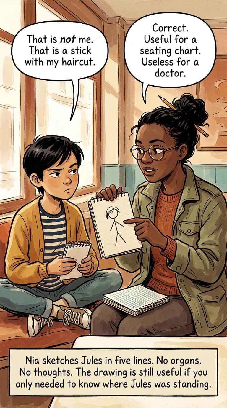 A researcher holds a stick-figure sketch of a kid while the real kid looks at it skeptically.