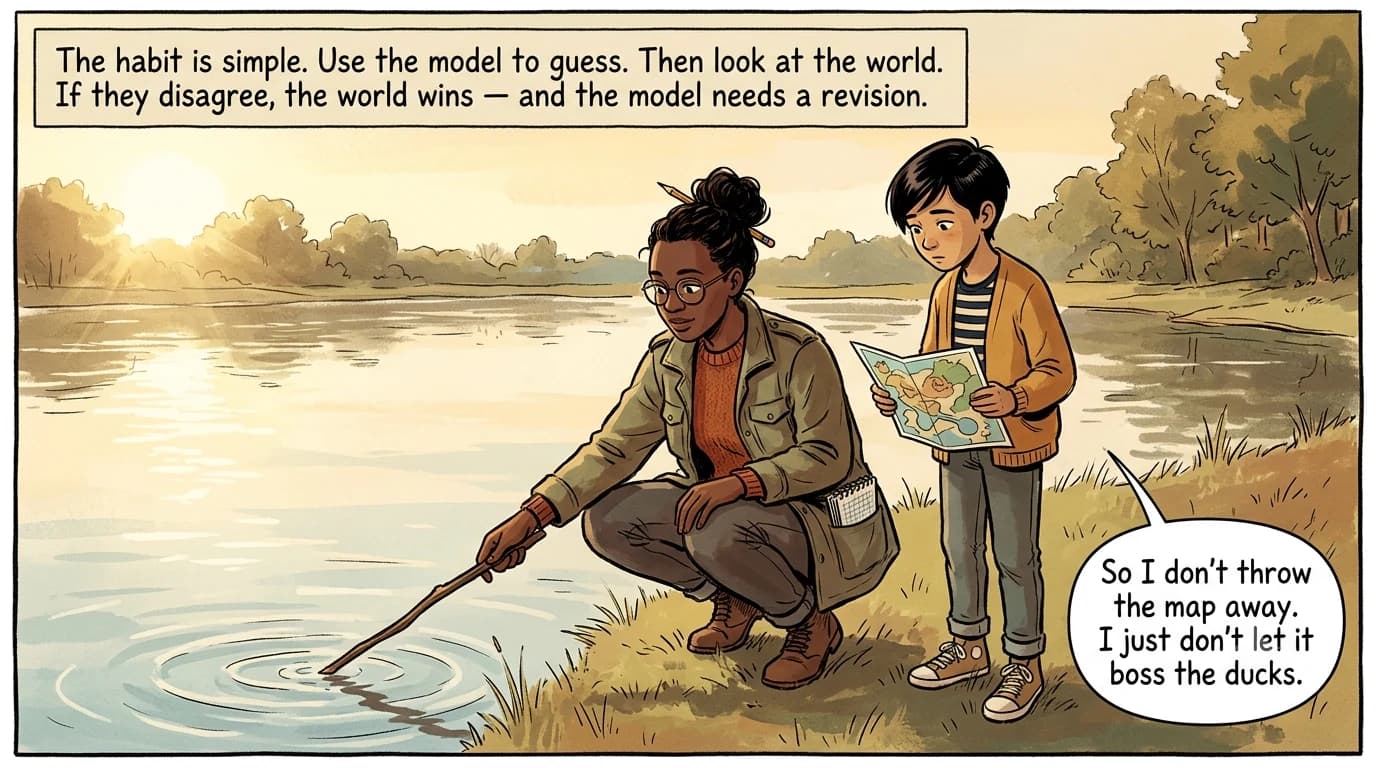 At dusk a kid sketches a new park map with a warning that it is not the park, while a researcher looks on proudly.