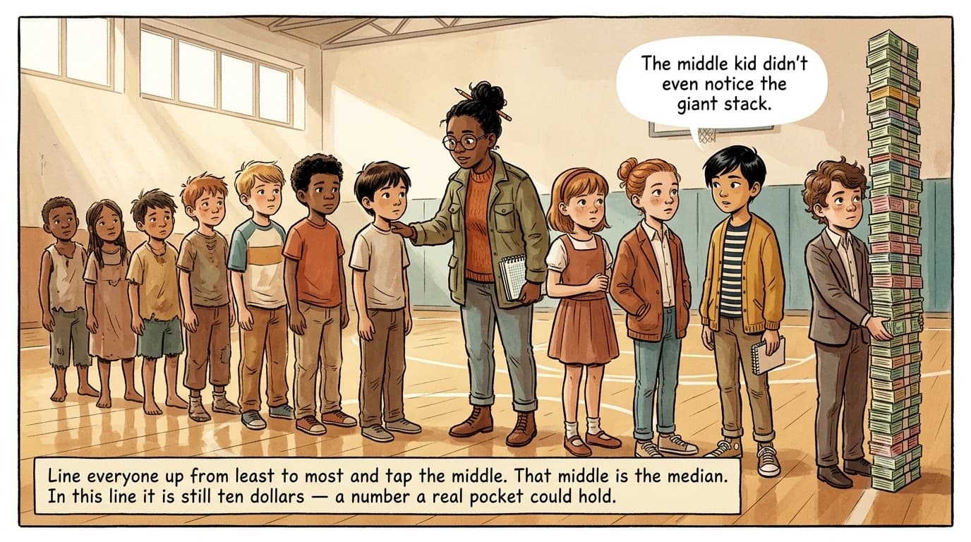 A kid stares at a classroom poster about average family size, puzzled by a number that does not match any real child.