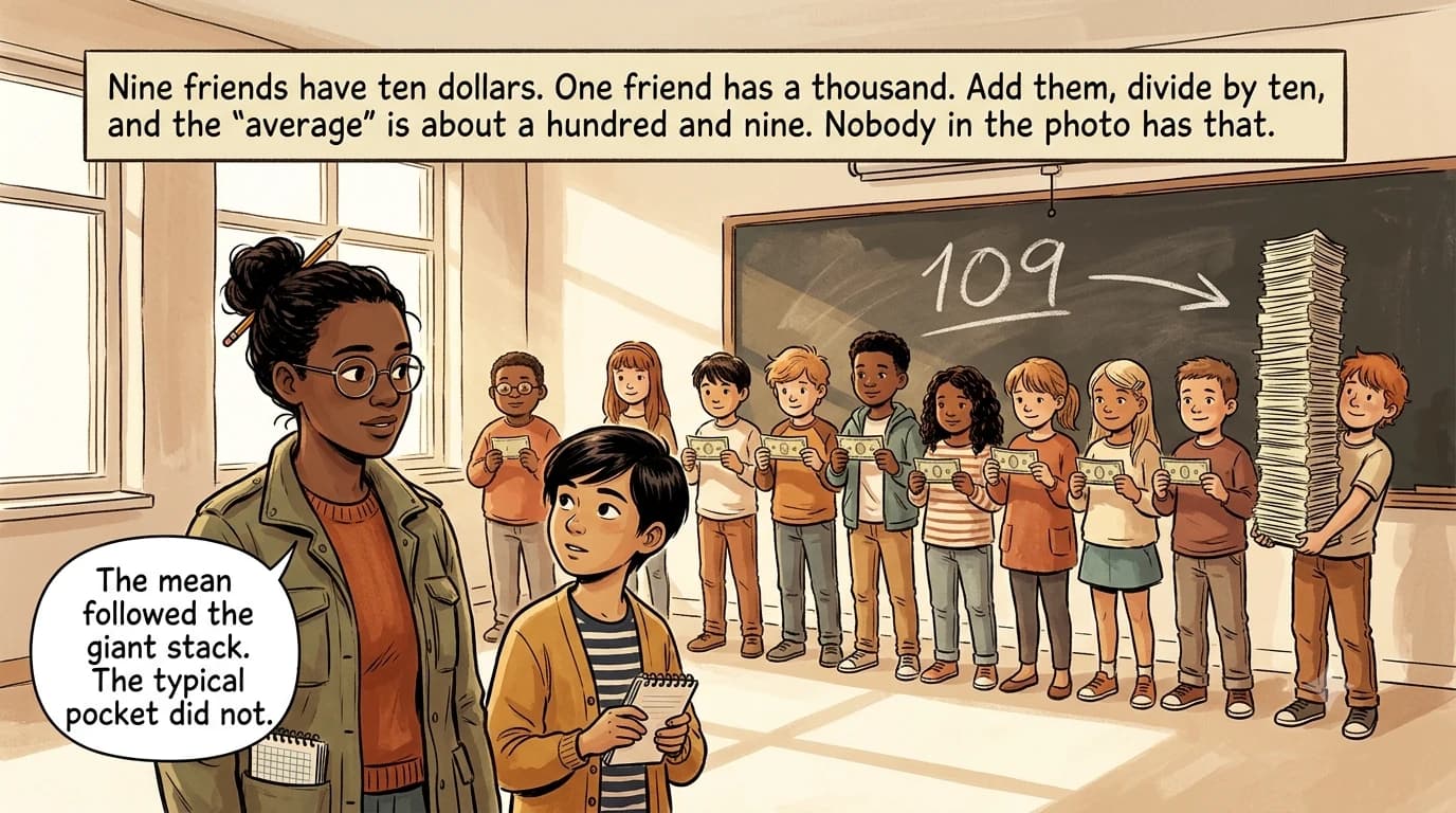 Nine kids hold small bills while one holds a huge stack, pulling a chalkboard average far above what most pockets hold.