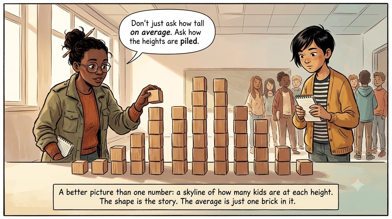 A researcher and a kid build a wooden-block skyline showing how many students fall at each height.
