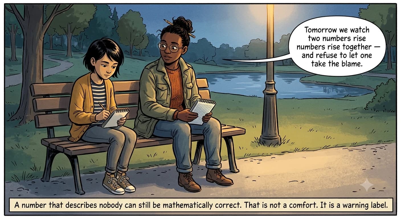At dusk a kid writes questions about averages in a notebook while a researcher hints at tomorrow's lesson.