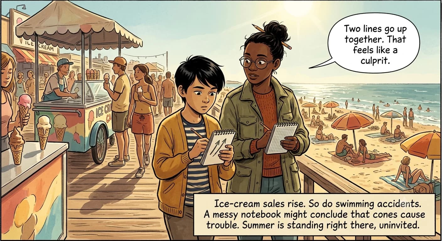 A summer boardwalk shows busy ice-cream carts beside a crowded beach, while a kid draws two arrows rising together.