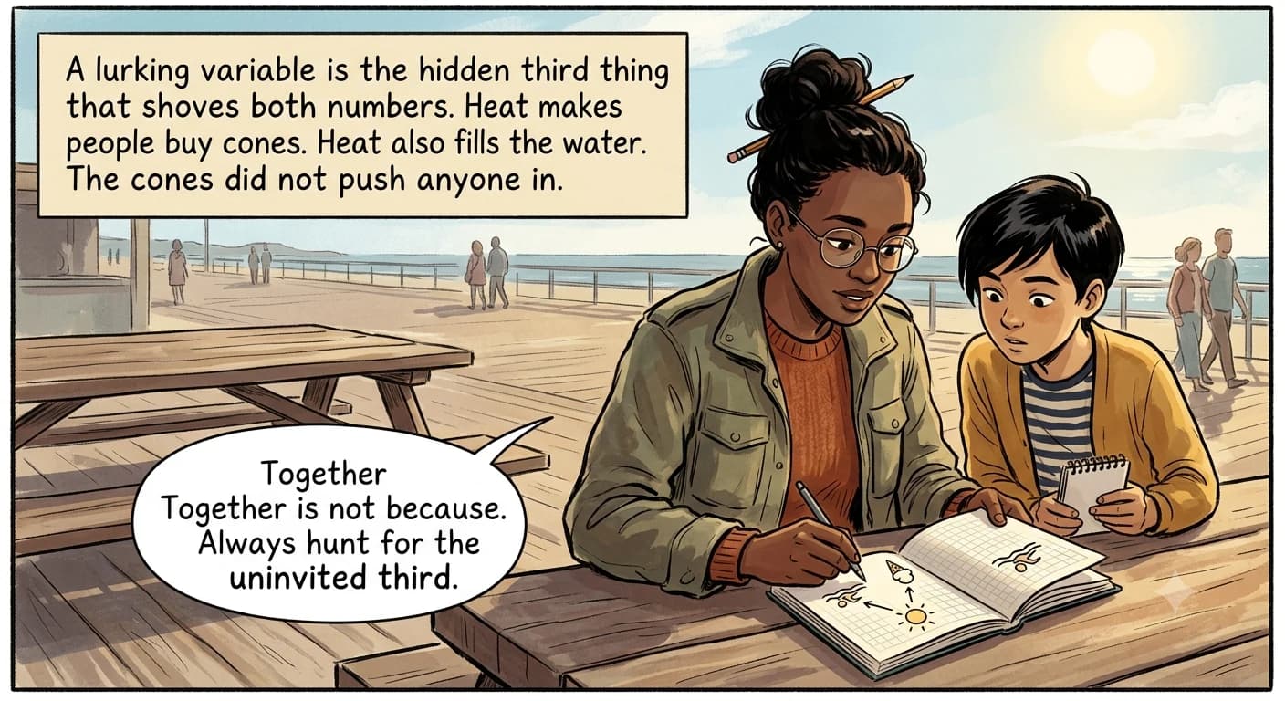 A researcher sketches a blazing sun between an ice-cream cart and a beach, showing heat as the hidden third cause.