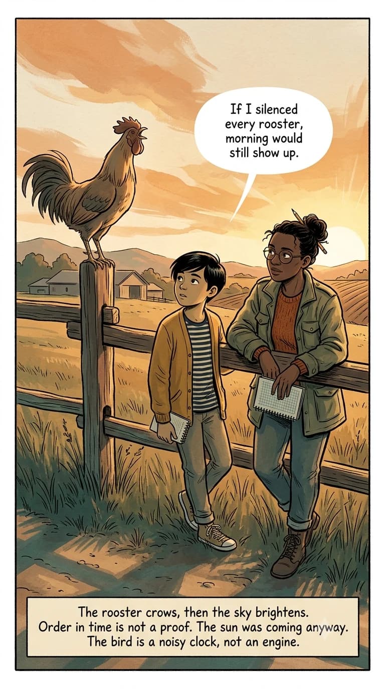 A rooster crows on a fence as the sun lifts on the horizon, while a kid realizes the bird does not cause morning.