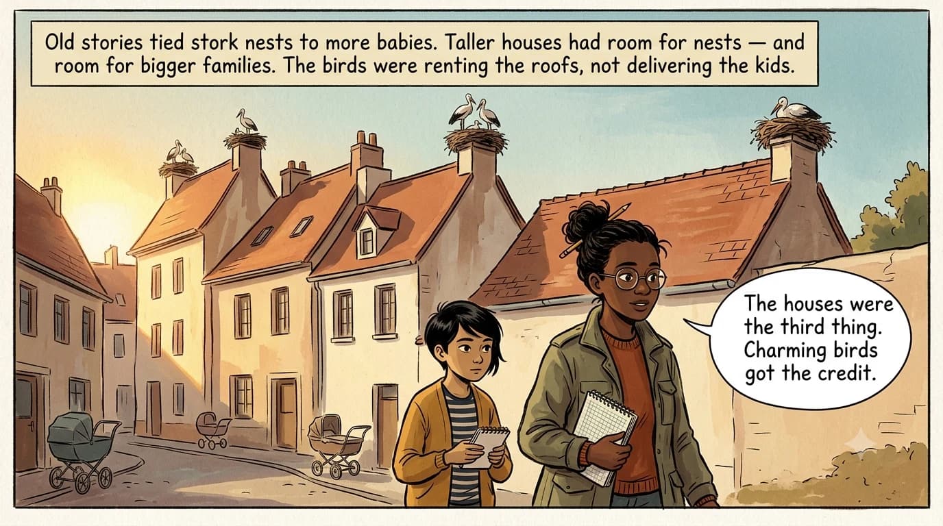 Storks nest on tall village rooftops above a street of baby carriages, hinting that houses — not storks — link the two.
