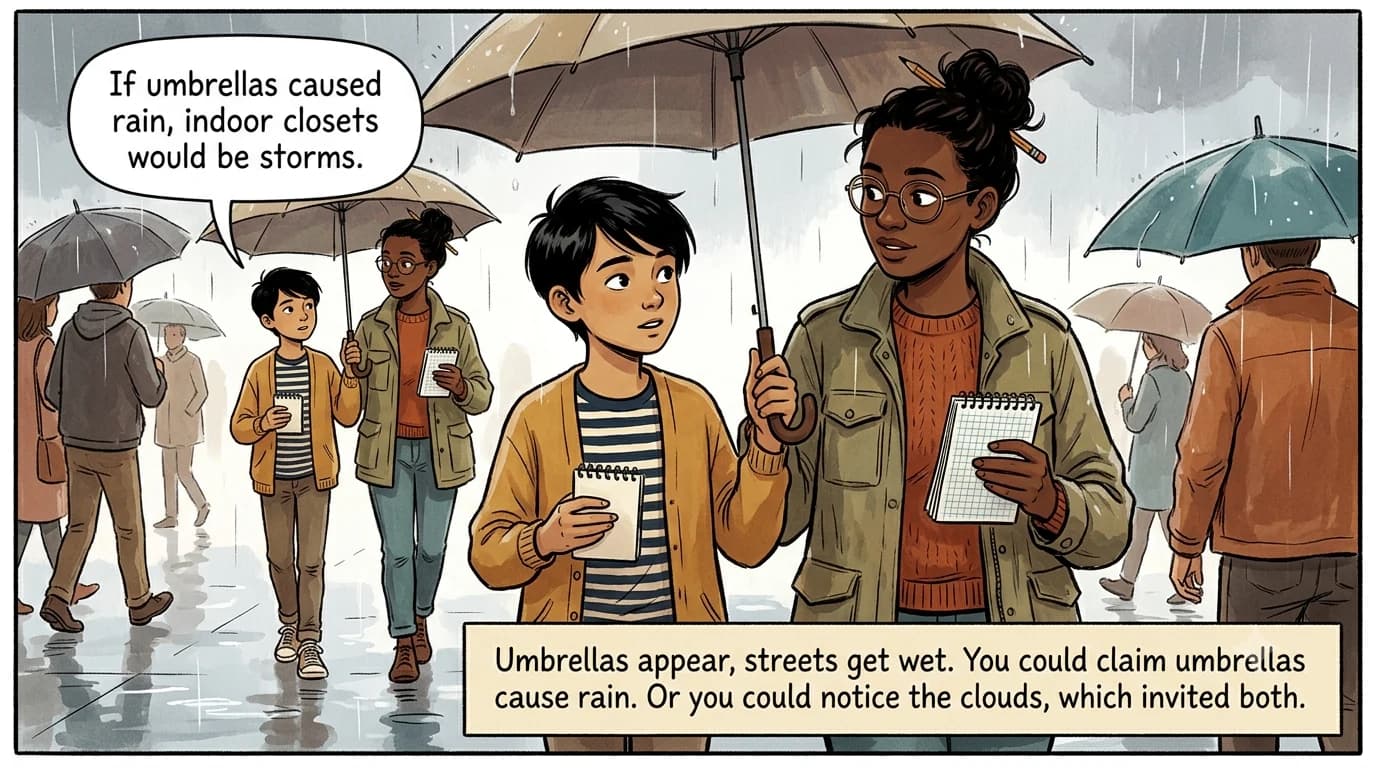 A rainy street full of umbrellas and wet pavement, while a kid jokes that umbrellas do not cause rain.