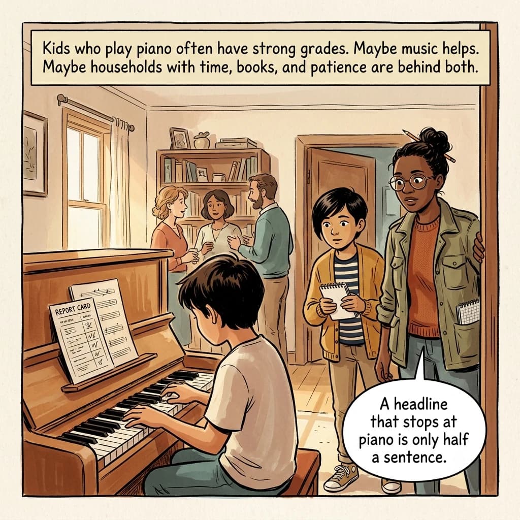 A child plays piano near a report card while parents with books wait in the background, suggesting more than one cause.